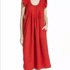 THE GREAT Red Flutter Sleeve Tulip Cotton Linen